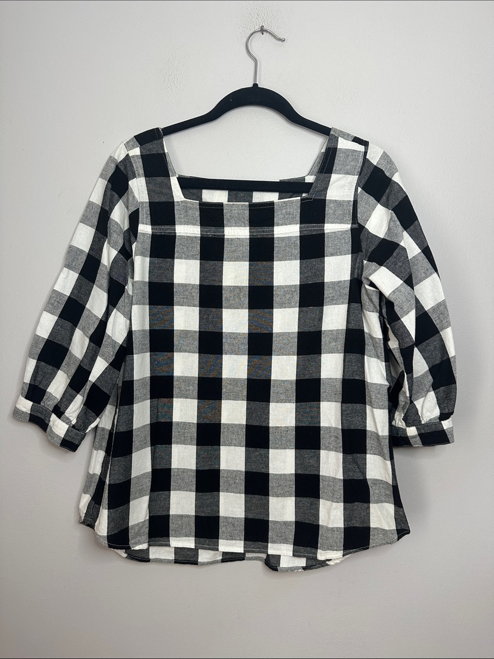 Black and White Buffalo Check Square Neck Cotton/Linen Blend Tunic size M